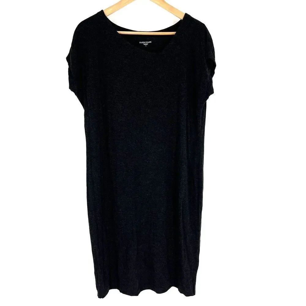 Eileen Fisher Dress Size Small Charcoal Gray V Neck Stretch Jersey Dolman Shift
